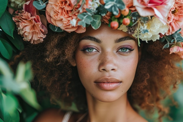 Foto una donna con una fascia floreale e una corona di fiori in testa