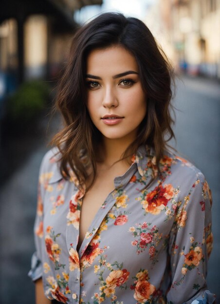 a woman with a floral shirt is standing on a sidewalk