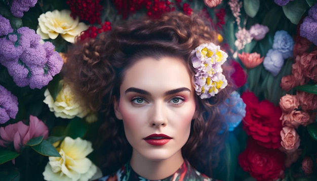 A woman with a flower backdrop