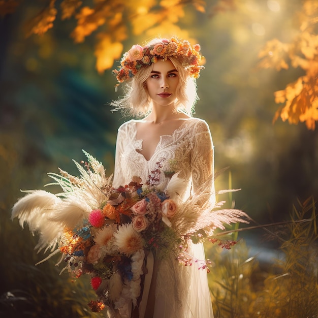 A woman with a flower crown and a bouquet of flowers