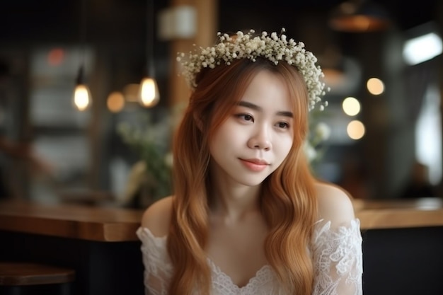 A woman with a flower crown on her head sits in a cafe