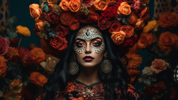 A woman with a flower crown on her head stands in front of a halloween background.