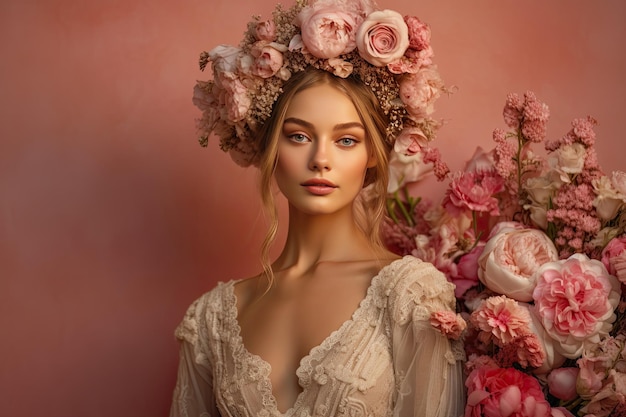 Женщина с цветочной короной на голове стоит на розовом фоне