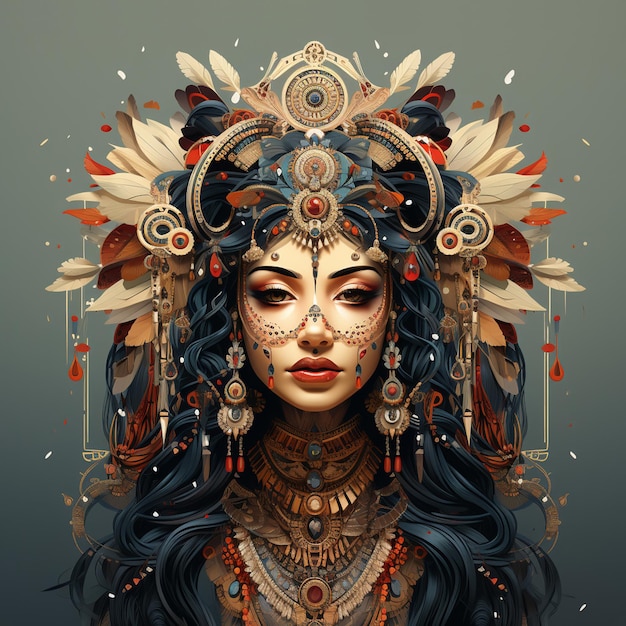 Photo a woman with a flower crown on her head vector art fantasy art 3 d render of a shaman orange