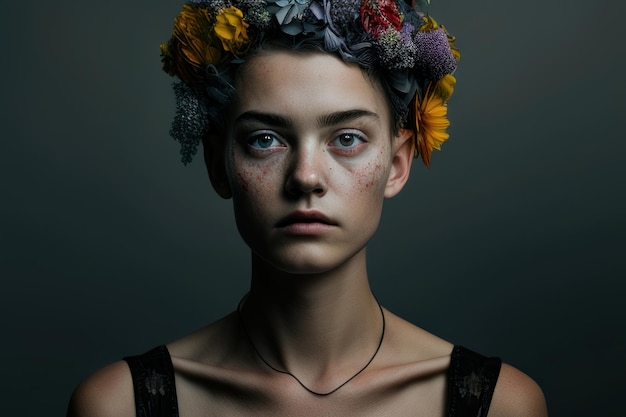 A woman with a flower crown on her head