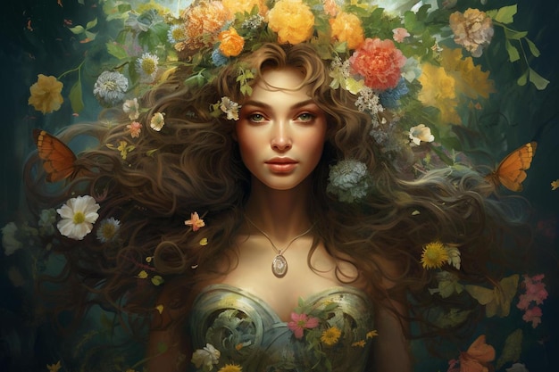 A woman with a flower crown is surrounded by flowers