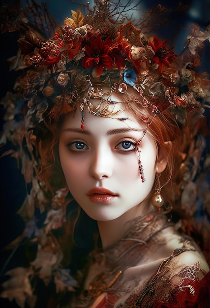 Женщина с цветочной короной и грустным лицом