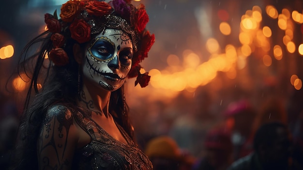 woman with a flower crown and a sugar skull face generator by ai