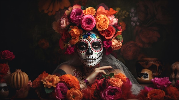 Photo a woman with a flower crown and a sugar skull face.