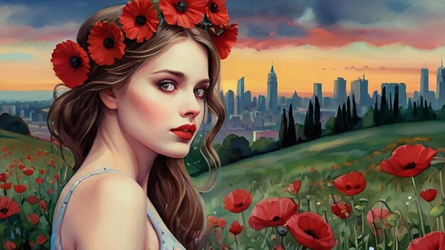 a woman with a flower in her hair is standing in a field with a city in the background