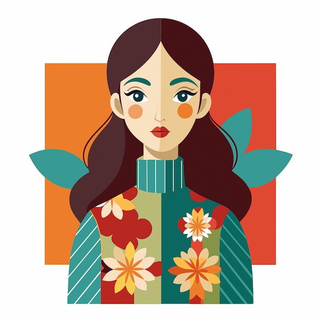 a woman with a flower in her hair is standing in front of an orange and orange background