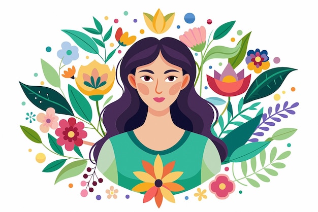 に花をつけた女性は花に囲まれています