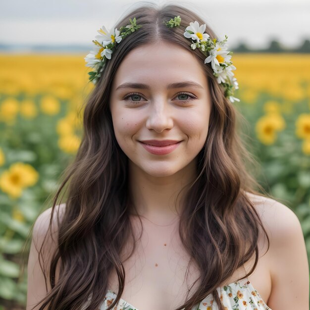 A woman with a flower in her hair smiles