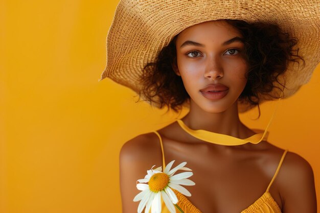 Photo a woman with a flower in her hair and a yellow scarf