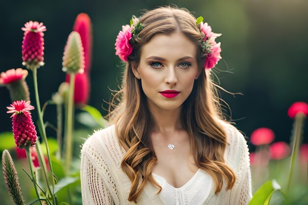 彼女の髪の毛に花がある女性