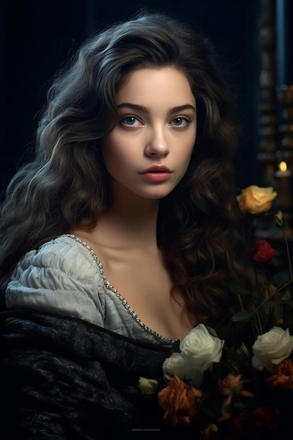 a woman with a flower in her hand is posing in a dark room with a lit candle behind her.