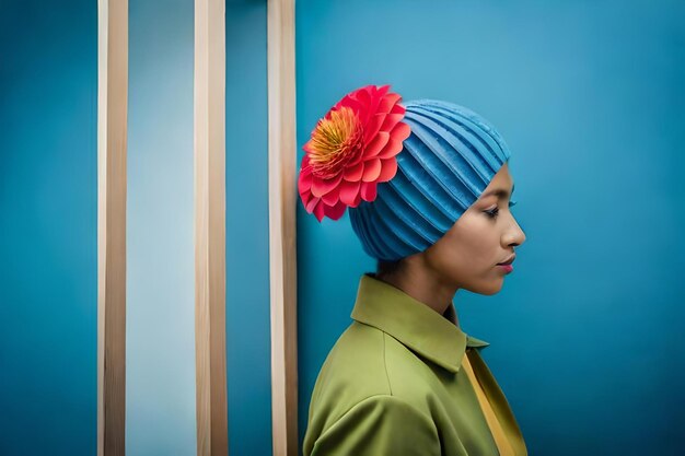 A woman with a flower on her head stands in front of a blue wall