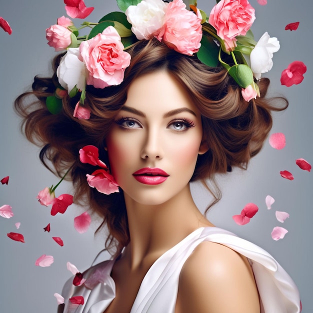 a woman with a flower wreath on her head