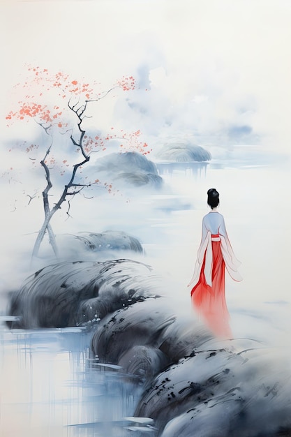 Woman with Flowering Tree in Sumie Style