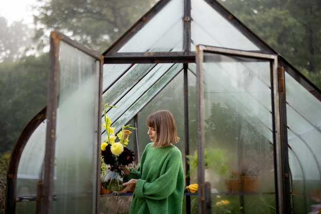 Woman with flowers in greenhouse