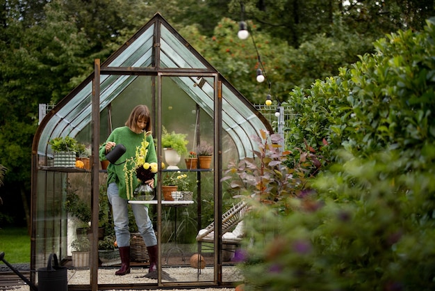 Woman with flowers in greenhouse