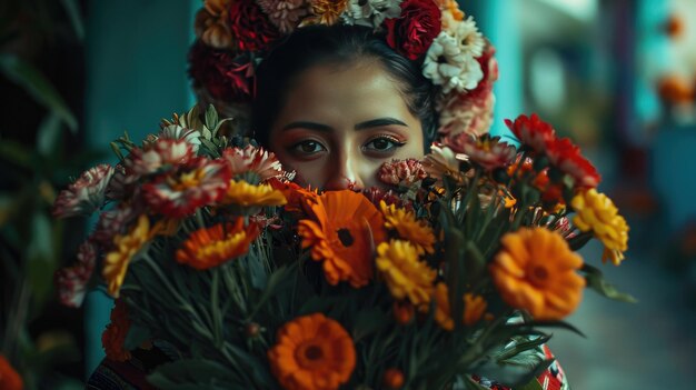 Photo woman with flowers in hair and makeup natural beauty portrait for spring photoshoot chico de mayo