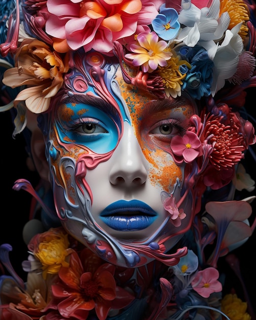 a woman with flowers on her face is covered in paint.