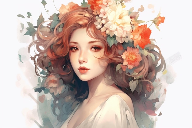 woman with flowers in her hair anime style