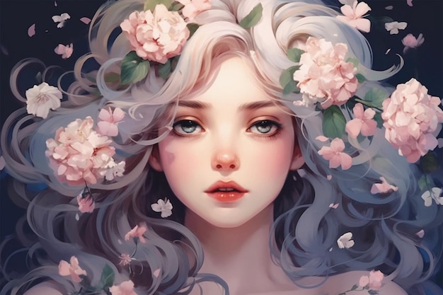 woman with flowers in her hair anime style