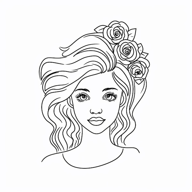 a woman with flowers in her hair coloring page generative ai