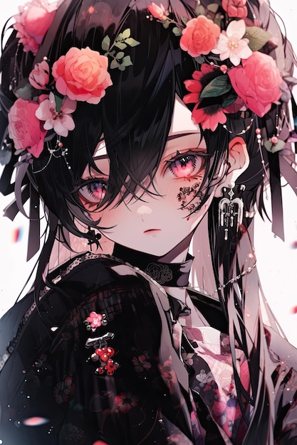 A woman with flowers in her hair Generative AI Emo virtual idol character design