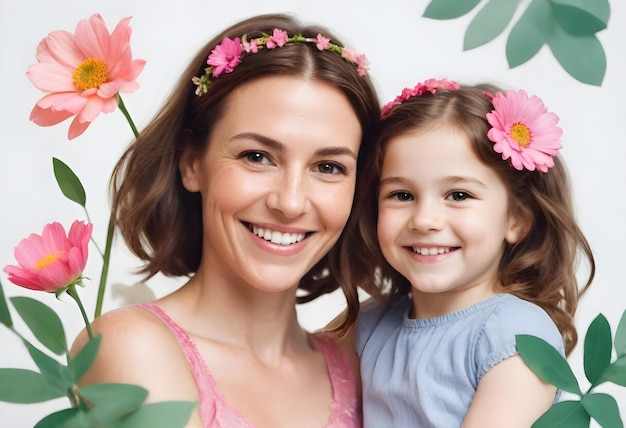 a woman with flowers in her hair and a girl with flowers in her hair