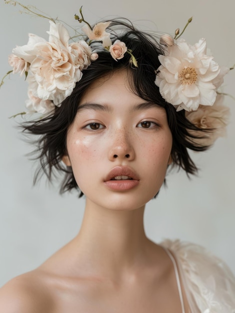 a woman with flowers in her hair