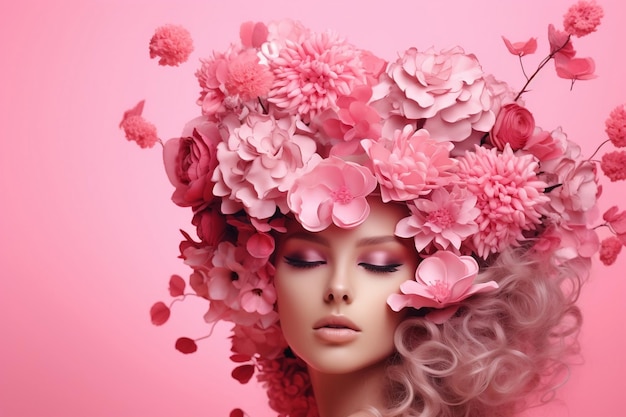 a woman with flowers over her head against a colorful background Generative Ai