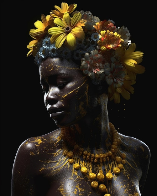 A woman with flowers on her head and a black background