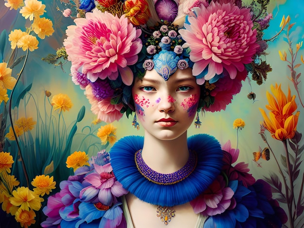 A woman with flowers on her head and a blue dress