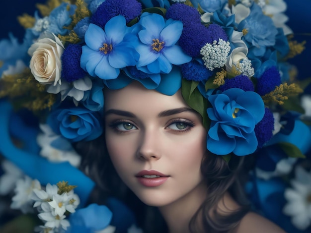 A woman with flowers on her head and a blue headband is surrounded by flowers ai generated