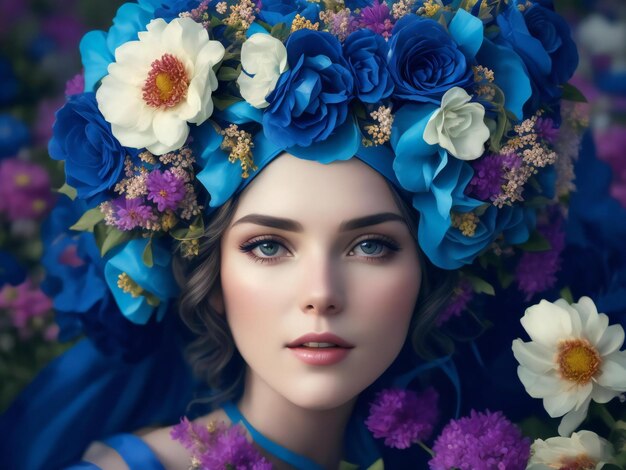 A woman with flowers on her head and a blue headband is surrounded by flowers ai generated