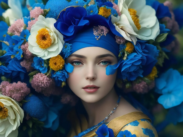 머리에 꽃이 있고 파란색 머리띠가 있는 여성은 생성된 꽃으로 둘러싸여 있습니다.