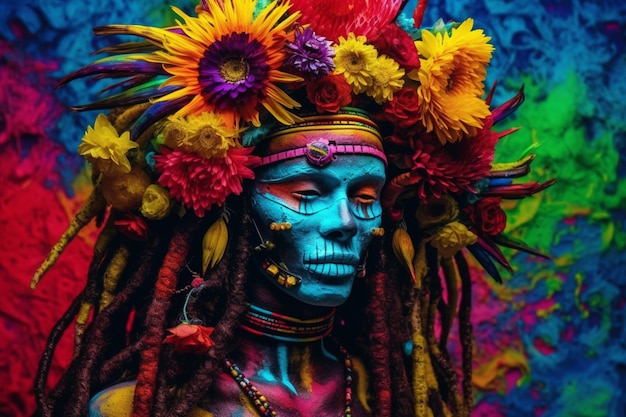 Женщина с цветами на голове и лице