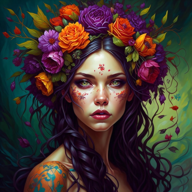 A woman with flowers on her head and a flower crown on her head.