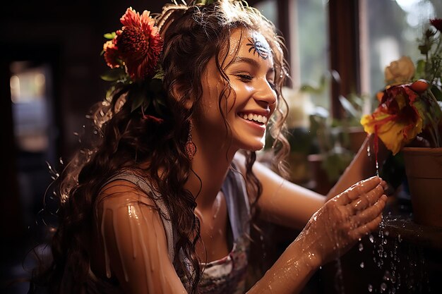 Photo a woman with flowers on her head is spraying water on her face