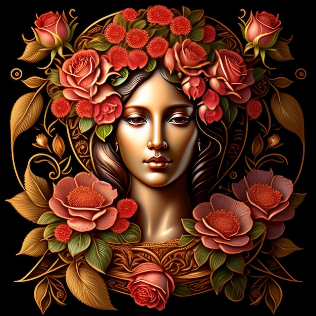 A woman with flowers on her head is surrounded by roses.