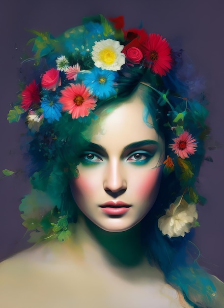 Женщина с цветами на голове носит цветочную корону.