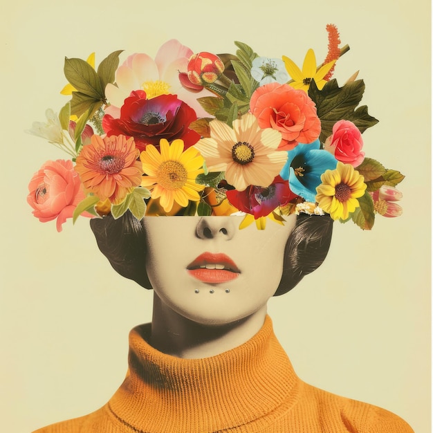 a woman with flowers on her head is wearing a yellow sweater