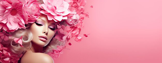 Photo woman with flowers over her head over pink background