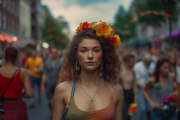 A woman with flowers on her head walks down a street.