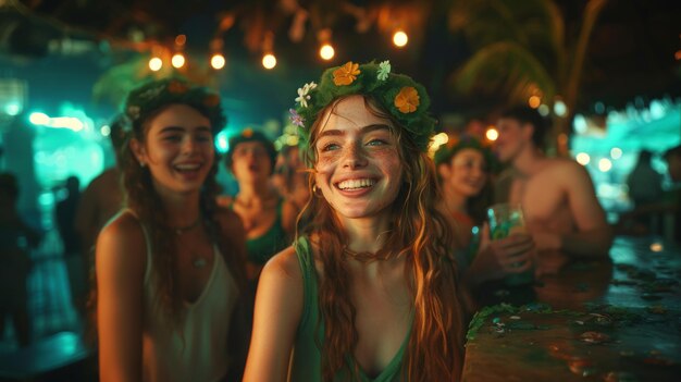 Photo a woman with flowers on her head and a woman wearing a green dress with flowers on her head