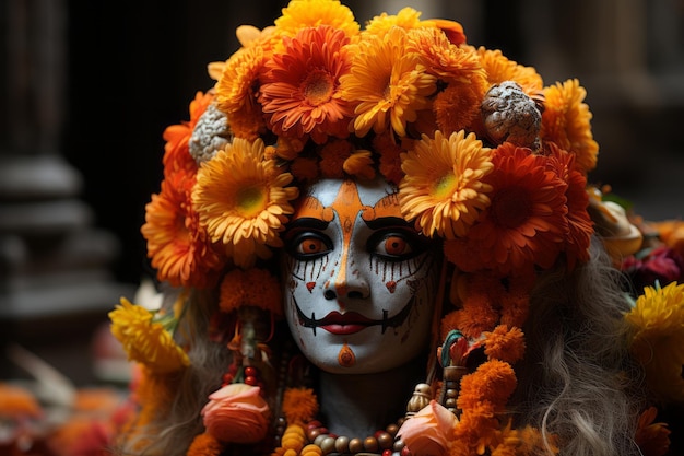 a woman with flowers on her head