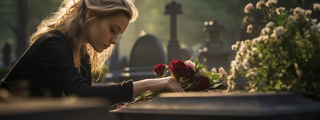 Фото Женщина с цветами на кладбище возле могилы похоронный атрибут